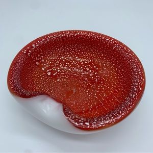 Murano Red Silver Fleck Speckle Cased White Base Art Glass Bowl Trinket Dish